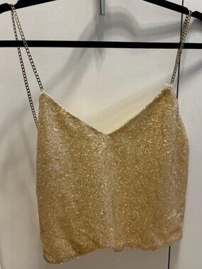 superdown Gold Sequin Crop Tank Top with Chain Straps